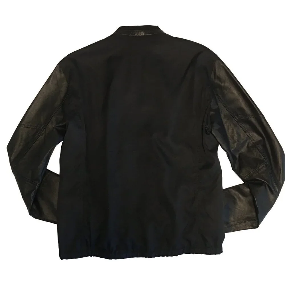Mens Black Biker Jacket With Faux Leather Sleeves & Zip Closure Size M